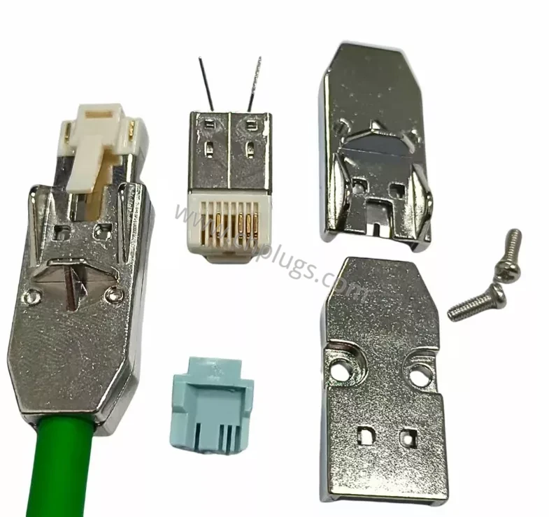 Plugue de campo industrial PROFINET RJ45, caixa metálica, kit 8P8C blindado 2 Assembled shielded industrial Ethernet RJ45 metal housing on green PROFINET cable