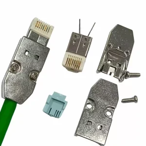 PROFINET RJ45 field plug kit with metal hood, gold IDC insert, turquoise wire manager and green industrial cable
