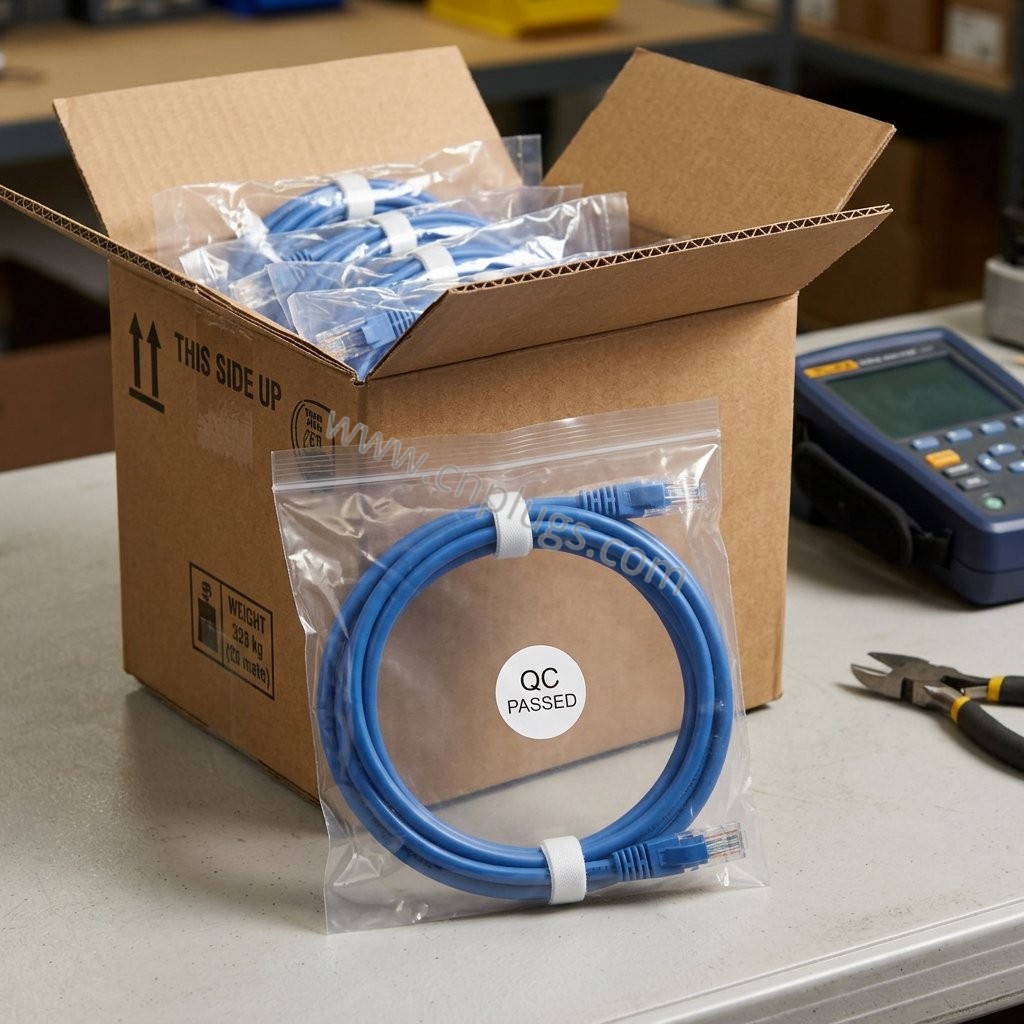 Blue Cat5e UTP Patch Cord — 1Gbps Gigabit Network Cable, Factory Direct OEM/Wholesale 2 Blue Cat5e UTP patch cords in individual poly bags with QC PASSED stickers packed in a bulk export carton, Fluke tested from PROUNTA factory