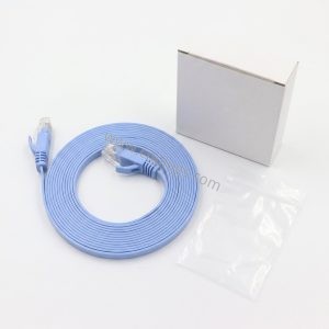 Blue Cat6 flat Ethernet patch cable with snagless RJ45 male connectors on white background