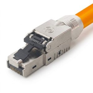Cat6A shielded toolless RJ45 connector with zinc alloy housing on orange Ethernet cable