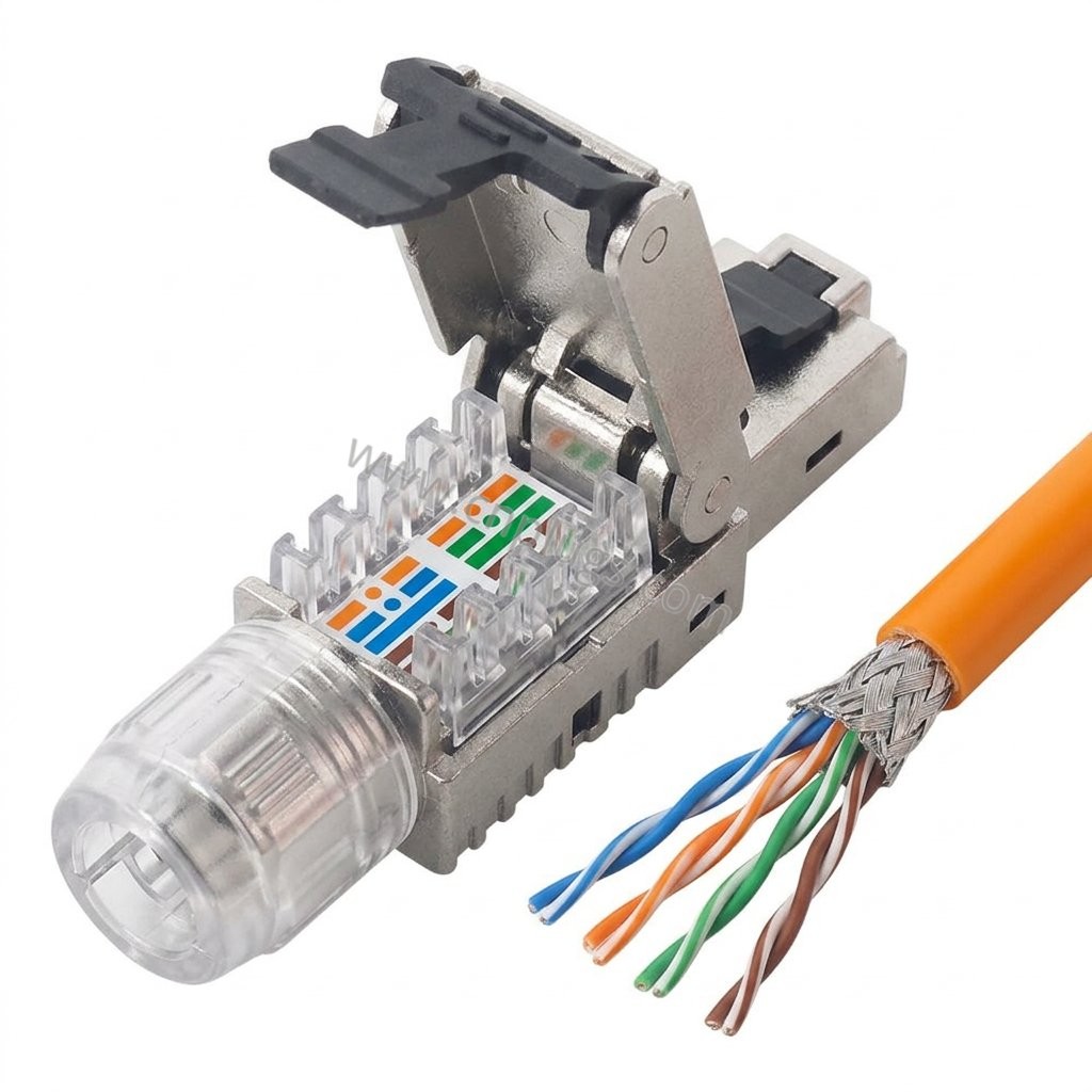 Produttore di connettori RJ45 schermati senza utensili Cat6A - 10G 2 Open Cat6A tool-free RJ45 plug showing T568A/B wire manager and prepared shielded cable