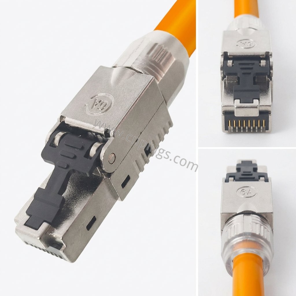 Produttore di connettori RJ45 schermati senza utensili Cat6A - 10G 3 Front side and rear views of Cat6A zinc alloy 8P8C field termination connector