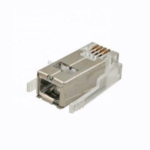 Tin-plated shield can and earth tab on RJ9-style 4-position SDL male plug