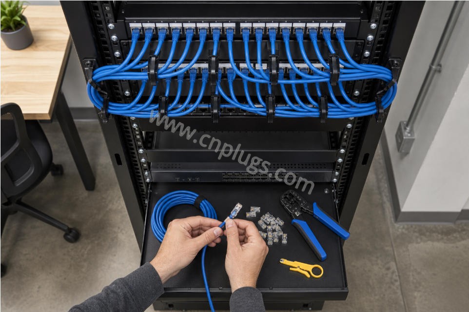 Test sul campo e verifica della qualità del connettore RJ45: una guida pratica per gli installatori industriali 2 Scena di cablaggio: disposizione di un armadio strutturato per ambienti misti industriali/commerciali.