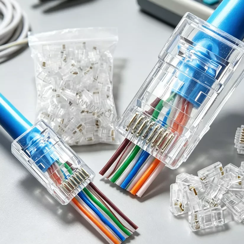 Pass-Through vs. Standard RJ45 Plugs: Which Connector Should You Choose? 4 Bulk Cat6 pass-through RJ45 modular plugs in 100-piece bag and private-label jar packaging