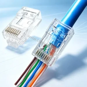 Cat6 UTP pass-through RJ45 modular plug with single-row 8P8C gold-plated contacts