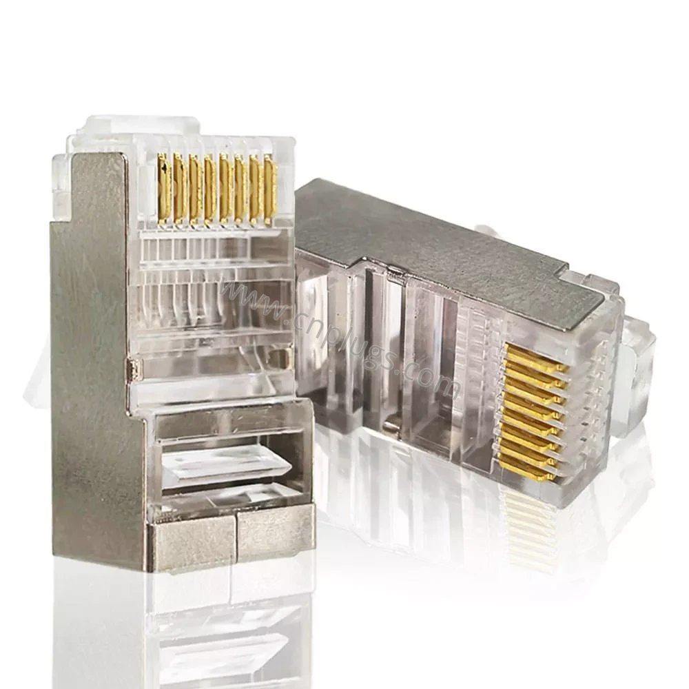Cat5e Shielded 8P8C Modular Plug – STP/FTP RJ45 Ethernet Connector, 8 Position 8 Contact, Nickel-Plated Metal Shell, 50µ" Gold Phosphor Bronze Contacts, Bulk OEM, Custom Logo, Free Samples 3 Shielded 8P8C modular plug rear crimp wings clamping Cat5e STP cable foil and drain wire for shield continuity