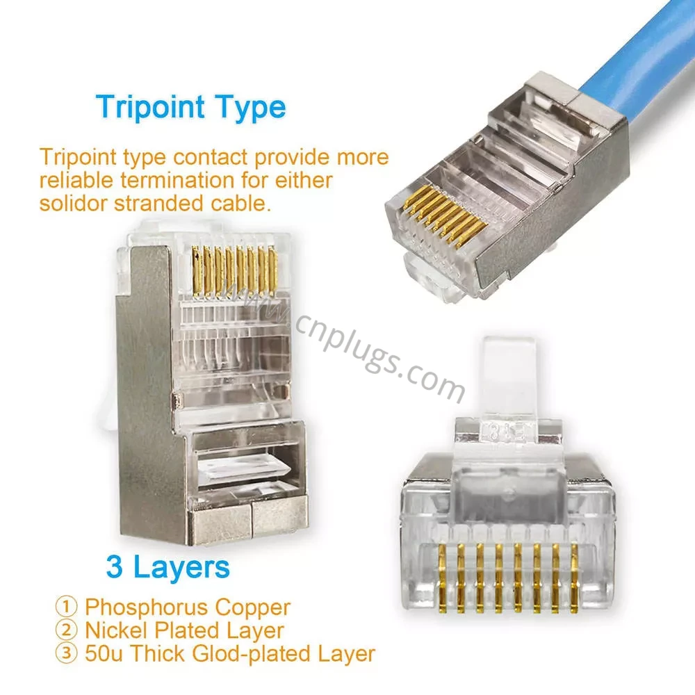 Cat5e Shielded 8P8C Modular Plug – STP/FTP RJ45 Ethernet Connector, 8 Position 8 Contact, Nickel-Plated Metal Shell, 50µ" Gold Phosphor Bronze Contacts, Bulk OEM, Custom Logo, Free Samples 1 Cat5e shielded 8P8C modular plug with nickel-plated metal shell and 50 micro-inch gold-plated contacts