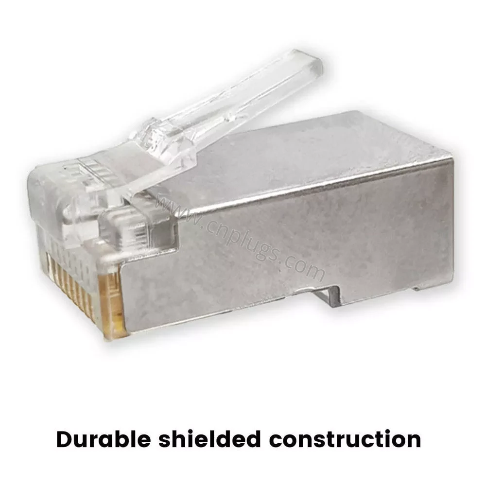 Cat5e Shielded 8P8C Modular Plug – STP/FTP RJ45 Ethernet Connector, 8 Position 8 Contact, Nickel-Plated Metal Shell, 50µ" Gold Phosphor Bronze Contacts, Bulk OEM, Custom Logo, Free Samples 4 Bulk Cat5e shielded 8P8C modular plugs in OEM packaging with custom logo marked shells for private label supply