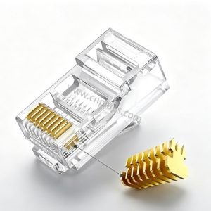 Cat6 UTP RJ45 modular plug with 50μ gold‑plated contacts, transparent Japanese PC housing, white background