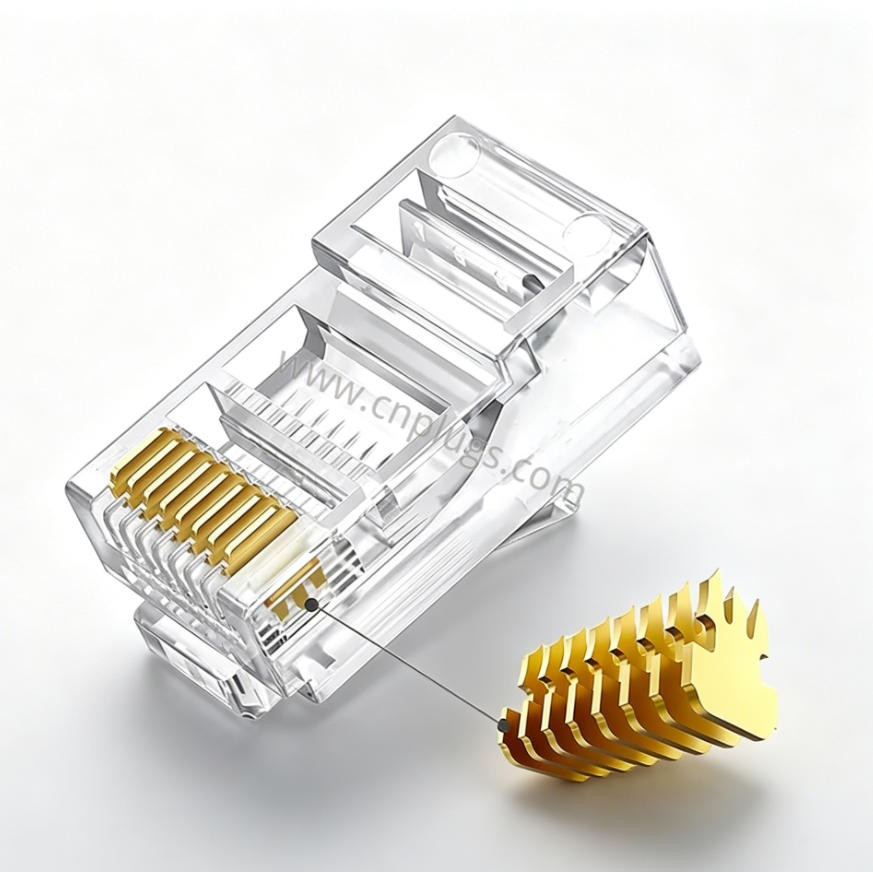 Cat6 UTP RJ45 Modularstecker – 50μ vergoldet | PROUNTA-Fabrik 1 Cat6 UTP RJ45 modular plug with 50μ gold‑plated contacts, transparent Japanese PC housing, white background