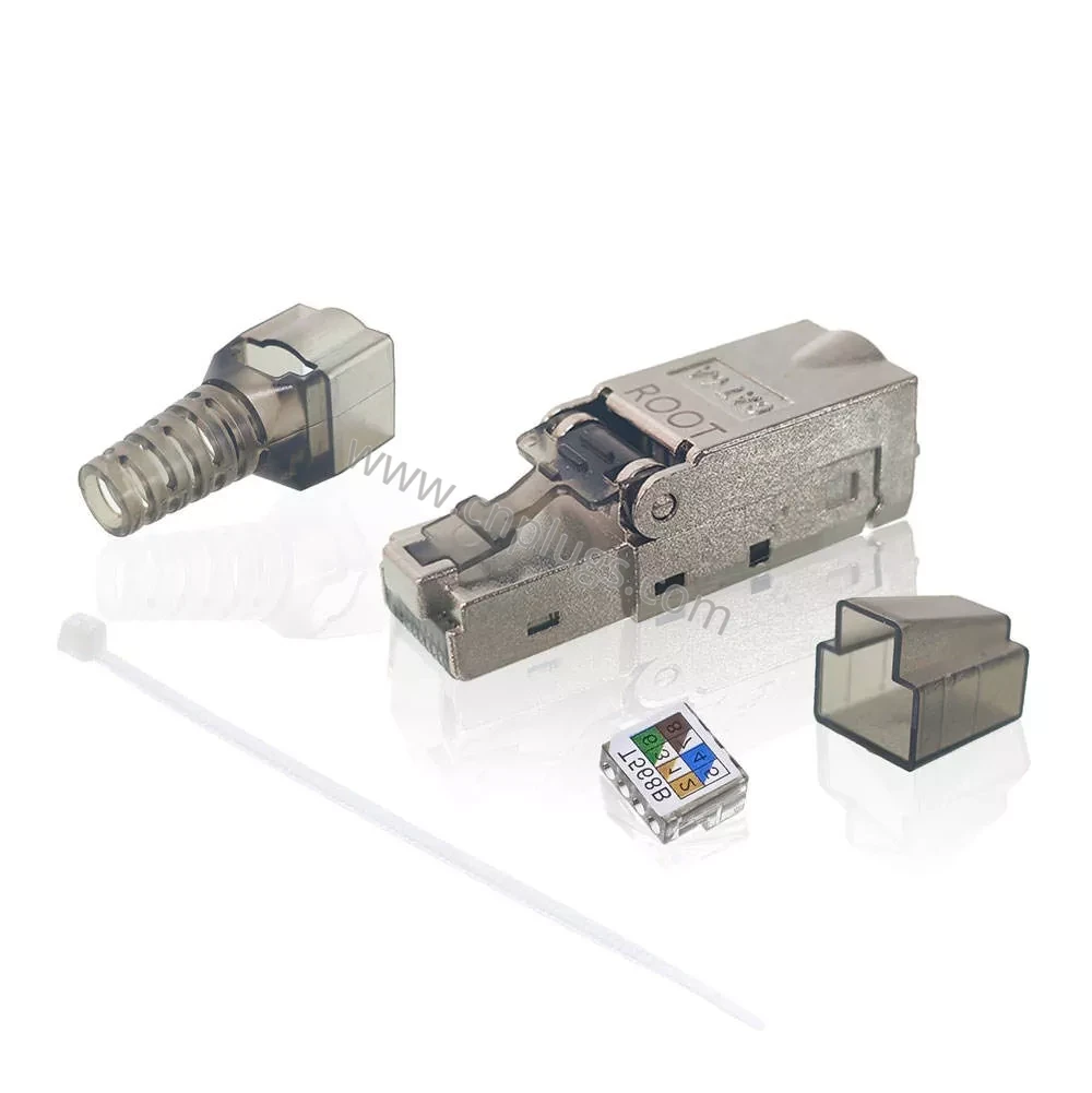Abgeschirmter, werkzeugloser Feldabschlussstecker Cat6A – 8P8C STP/FTP-RJ45-Stecker mit Zinklegierungsgehäuse für 10 Gbit/s MPTL, kein Crimpwerkzeug, wiederanschließbar, OEM mit individuellem Logo, kostenlose Muster 4 Terminating Cat6A shielded cable into a toolless field termination plug with no crimp tool required
