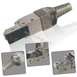 Cat6A shielded toolless field termination plug with die-cast zinc alloy shell and gold-plated 8P8C contacts