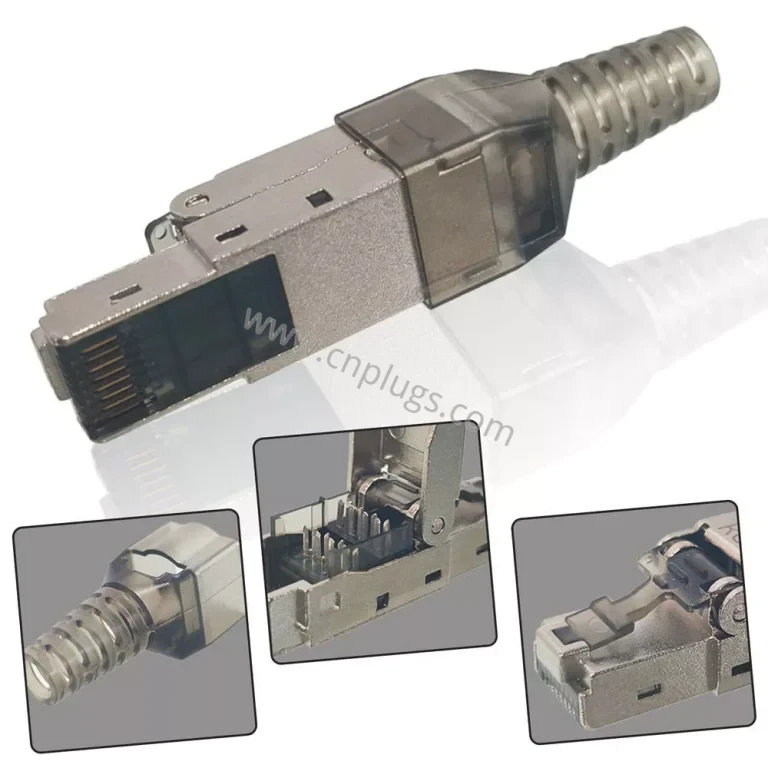 Enchufe de terminación de campo sin herramientas blindado Cat6A – Carcasa de aleación de zinc Conector 8P8C STP/FTP RJ45 para MPTL de 10 Gbps, sin herramienta de engarzado, reterminable, logotipo personalizado OEM, muestras gratuitas