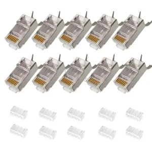 Cat7 shielded RJ45 connector kit with ten 8P8C STP crimp plugs and ten matching load bars