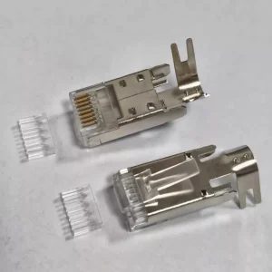 Cat7 shielded RJ45 8P8C plug rear view gold contacts two side ground pins and 8-hole load bar