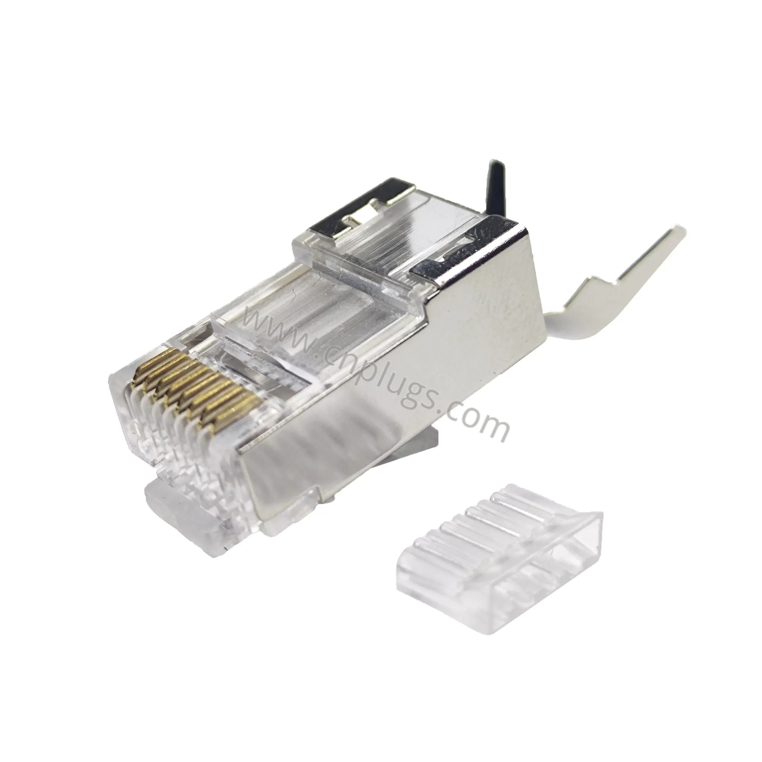 Geschirmter Cat6A-Durchgangs-RJ45-Stecker – STP/FTP 8P8C-Modularstecker für Cat6A- und Cat7-S/FTP-Kabel, 10 Gbit/s 500 MHz, Zinklegierungsgehäuse, 50 µ"-Goldkontakte, individuelles OEM-Logo, kostenlose Muster 1 Cat6A shielded pass through RJ45 connector with zinc alloy shell for Cat7 S/FTP cable