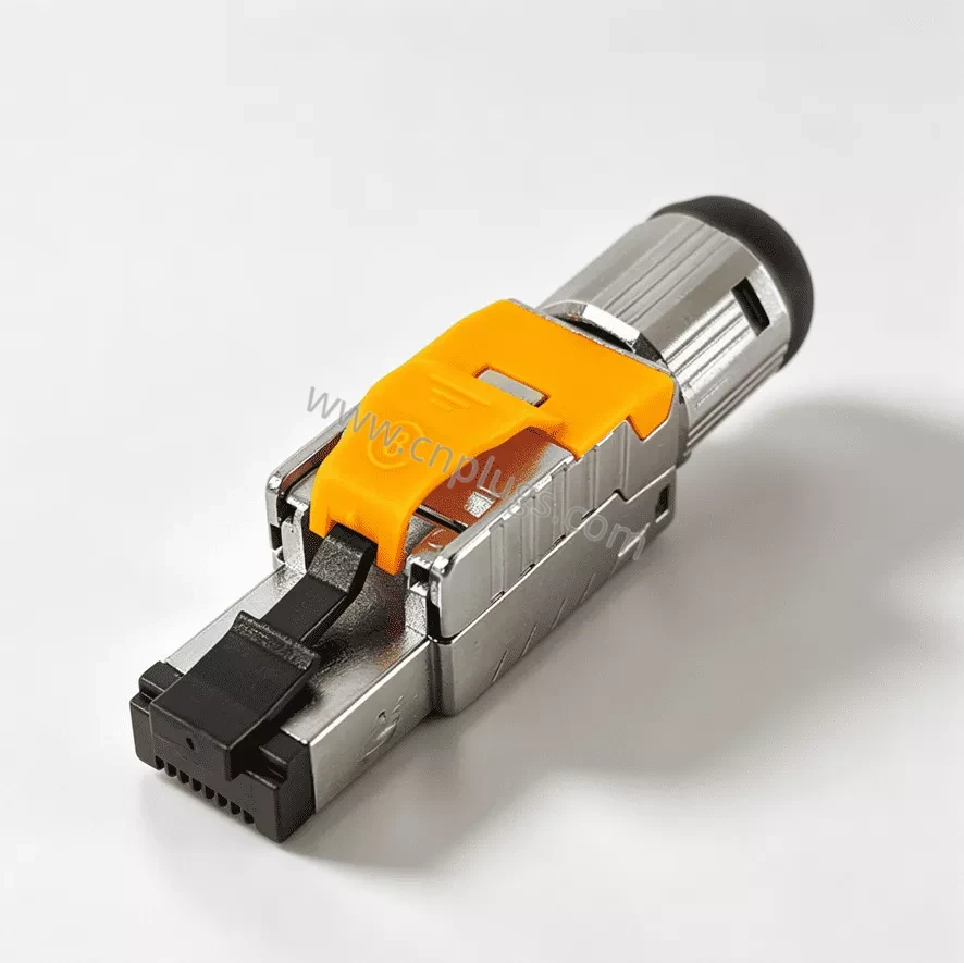 Hersteller von geschirmten, werkzeuglosen RJ45-Steckverbindern der Kategorie 8 – 40G 2 Open Cat8 tool-free RJ45 modular plug showing T568A/B wire manager and hinged metal housing