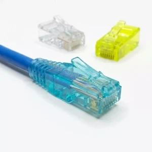 Custom-color Cat5e UTP RJ45 modular plugs in blue clear yellow purple and cyan