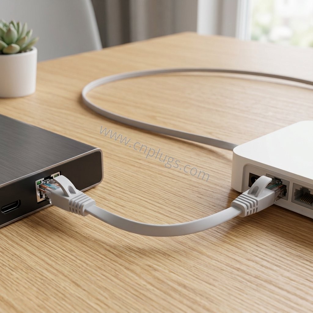 Cavo Ethernet piatto sottile Cat6 con connettori RJ45 antigroviglio 2 Gray Cat6 flat Ethernet cable connecting a laptop dock and router in a modern home office