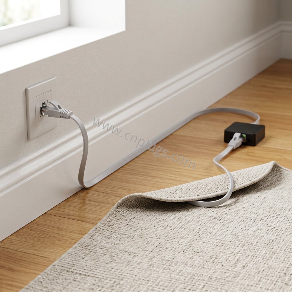 Cavo Ethernet piatto sottile Cat6 con connettori RJ45 antigroviglio 3 Gray Cat6 flat patch cable routed along a baseboard and beneath a low-traffic rug edge