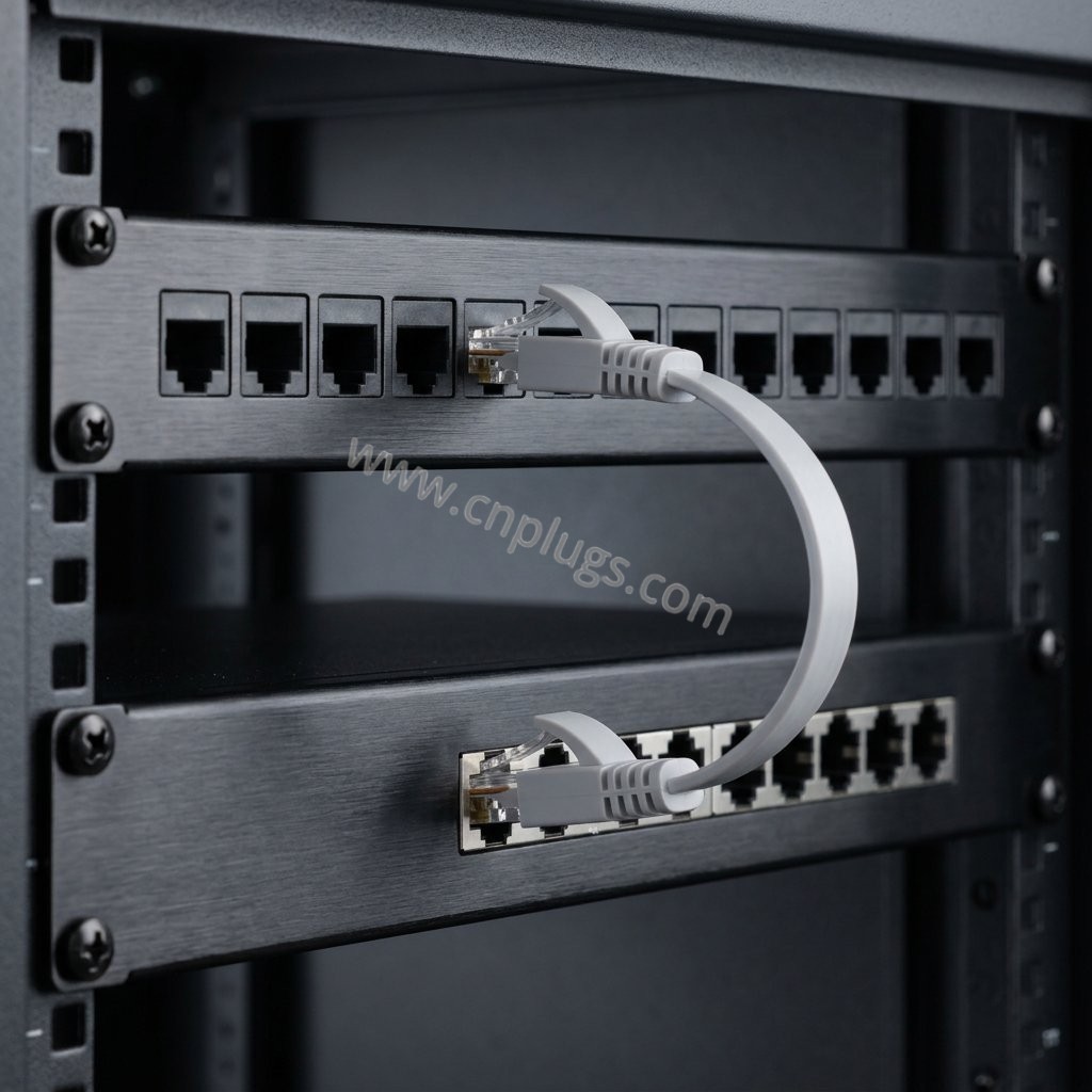 Cavo Ethernet piatto sottile Cat6 con connettori RJ45 antigroviglio 4 Short gray Cat6 flat patch cable connecting a patch panel and network switch in a server rack