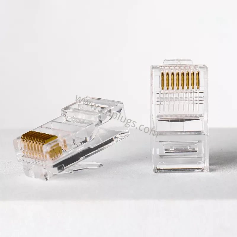 Cat5e RJ45 Connector UTP Unshielded Modular Plug 8P8C – 3-Prong 50µ” Gold Plated Contacts, 100% Virgin PC Material, Bulk & OEM 2 Bulk packed Cat5e RJ45 plugs terminated on UTP Ethernet cable for network cabling