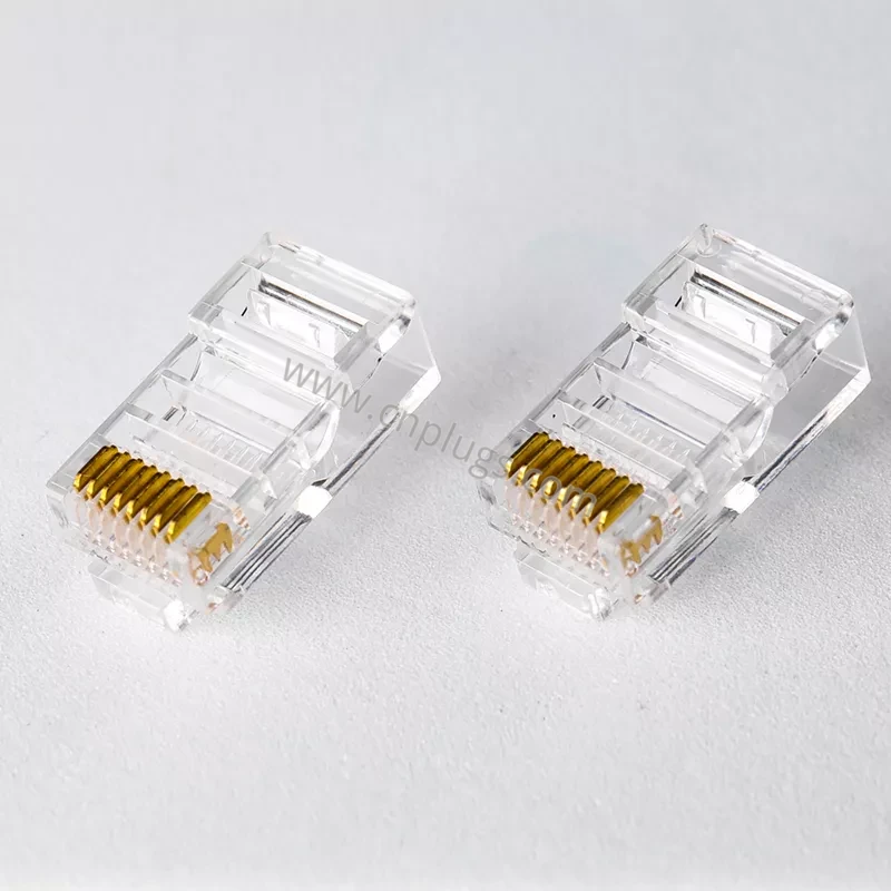 Cat5e RJ45 Connector UTP Unshielded Modular Plug 8P8C – 3-Prong 50µ” Gold Plated Contacts, 100% Virgin PC Material, Bulk & OEM 3 Transparent 100% virgin PC housing of Cat5e unshielded RJ45 crimp connector