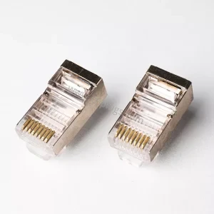 Cat5e shielded RJ45 connector with nickel-plated metal shell and 50u gold plated contacts