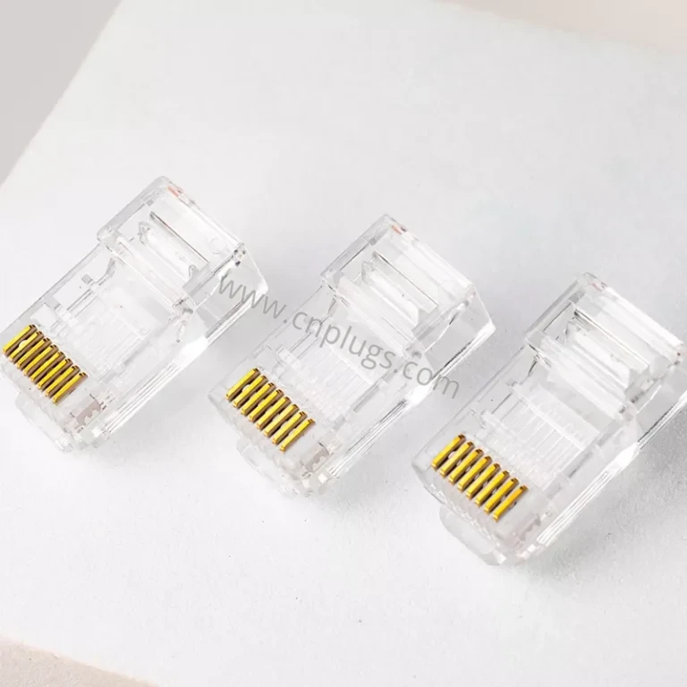 Conector Cat5e RJ45 com contatos de cobre puro de 0,4 mm de espessura – plugue modular UTP 8P8C, lâminas de 3 pinos banhadas a ouro de 50µ”, caixa de PC 100% virgem, logotipo personalizado OEM, amostras grátis