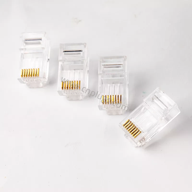 Aangepast logo Cat6 RJ45-connector UTP modulaire stekker 8P8C – OEM private label, 3-polige 50 µ” vergulde contacten, 100% nieuw pc-materiaal 3 3-prong gold plated staggered contact blades and load bar inside custom logo Cat6 modular plug