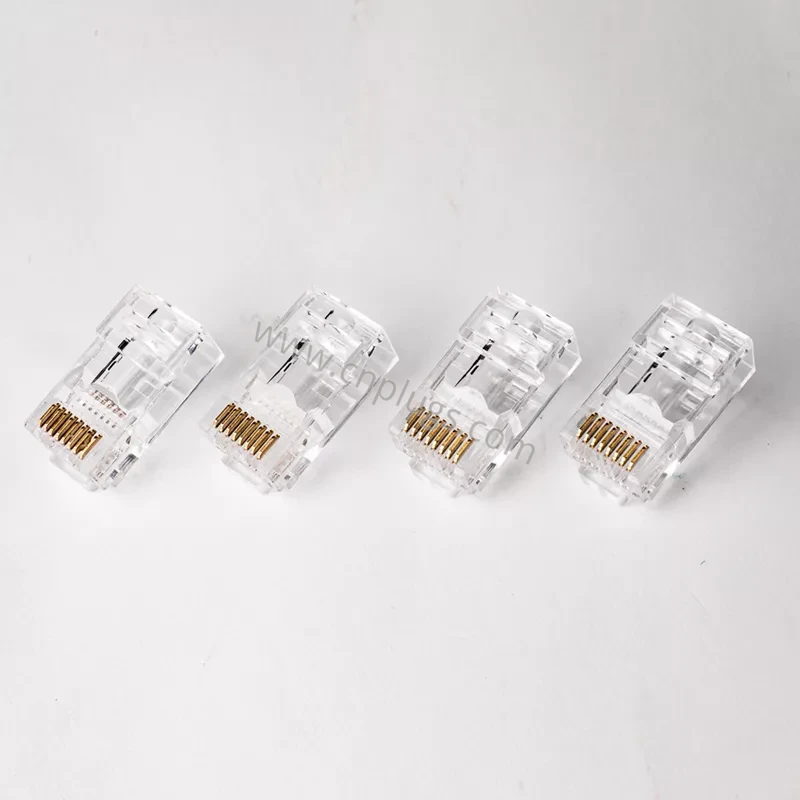 Conector RJ45 de paso Cat6: conector modular UTP sin blindaje de una sola fila 8P8C, contactos chapados en oro de cobre puro de 50 µ", logotipo personalizado OEM, muestras gratuitas 4 Bulk packaging of pure copper Cat6 pass through RJ45 connectors in 100 pcs bag and OEM jar with free sample kit
