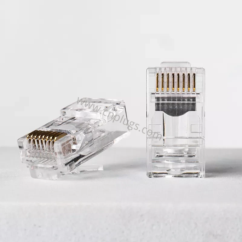 Conector RJ45 de paso Cat6: conector modular UTP sin blindaje de una sola fila 8P8C, contactos chapados en oro de cobre puro de 50 µ", logotipo personalizado OEM, muestras gratuitas 3 Custom logo Cat6 pass through RJ45 connector with OEM laser marked housing for private label network brands