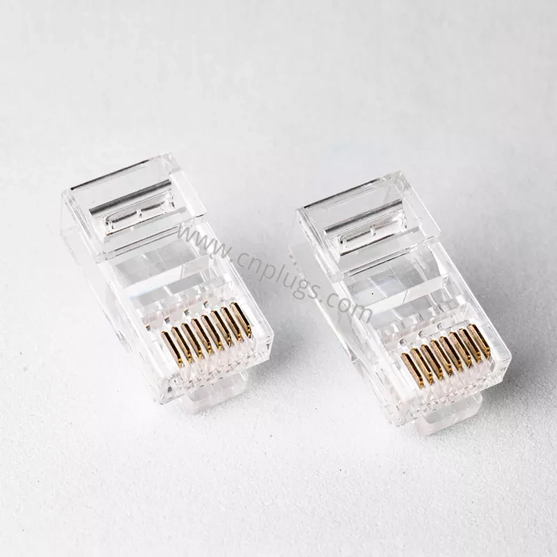 Connettore Cat6 RJ45 Spina modulare standard UTP 8P8C - Contatti placcati in oro a 3 poli da 50 µ" con barra di carico, materiale PC vergine al 100%, sfuso e OEM 2 Transparent 100% virgin PC Cat6 crimp connector with insert load bar for 23AWG wire
