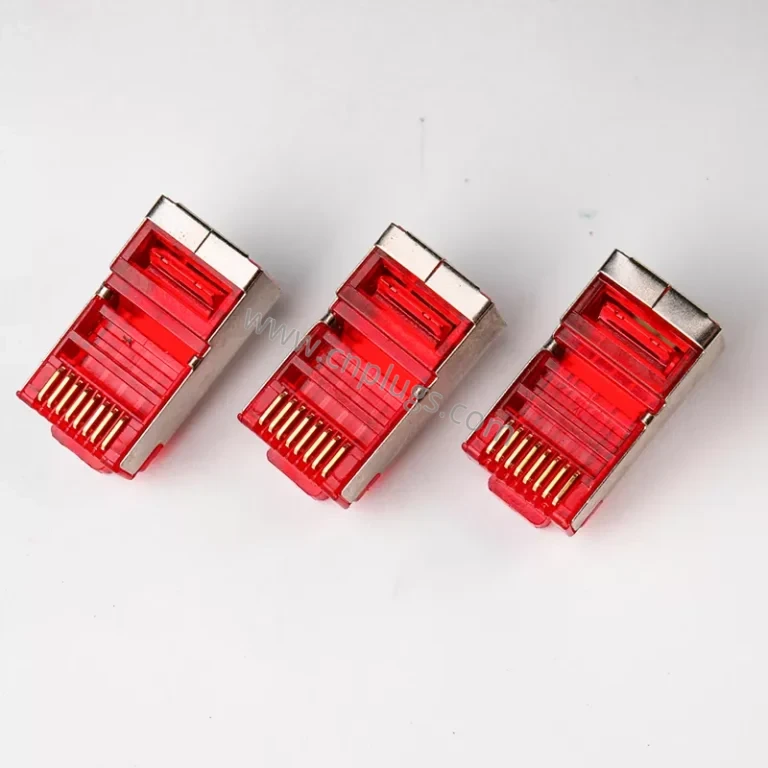 Connecteur RJ45 blindé Cat6 rouge – Prise modulaire FTP/STP 8P8C, contacts plaqués or 50µ » en cuivre pur, coque métallique à code couleur pour circuits critiques TIA-606, logo personnalisé OEM, échantillons gratuits