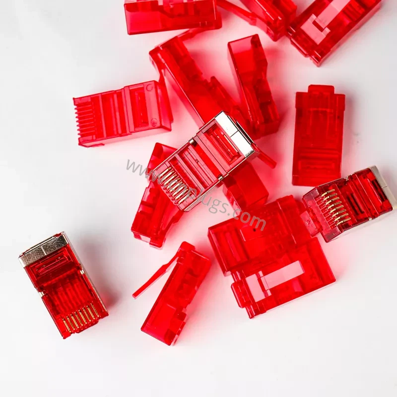 Connecteur RJ45 blindé Cat6 rouge – Prise modulaire FTP/STP 8P8C, contacts plaqués or 50µ" en cuivre pur, coque métallique à code couleur pour circuits critiques TIA-606, logo personnalisé OEM, échantillons gratuits 2 Colour coded Cat6 shielded RJ45 connectors in red blue green yellow orange and black for structured cabling colour administration