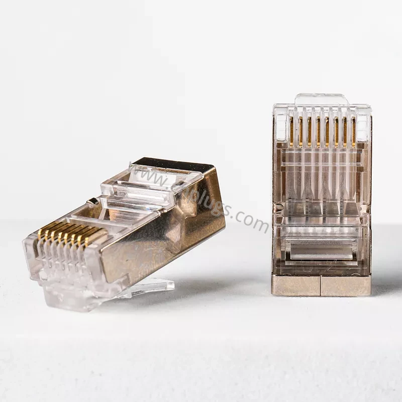 Abgeschirmter Cat6-RJ45-Stecker, 1,2-mm-Drahtloch – FTP/STP 8P8C-Modularstecker, 50 µ" vergoldete Kontakte aus reinem Kupfer, 23-AWG-Metallgehäuse, individuelles OEM-Logo, kostenlose Muster 2 Two piece Cat6 shielded RJ45 connector with load bar separator and three prong gold plated IDC contacts for solid and stranded cable