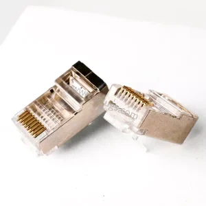 Cat5e shielded pass through RJ45 connector with nickel plated metal shell and open nose