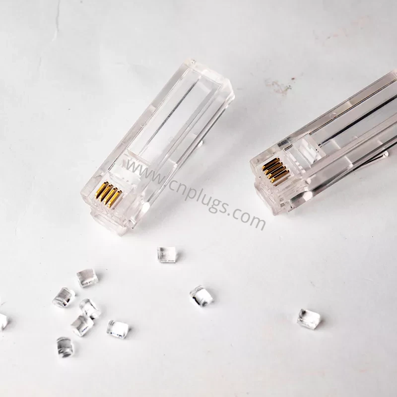 Erweiterter 6P4C RJ11-Telefonstecker | Langes Gehäuse, goldene 3-Stift-Kontakte 2 SZ0DH64UC1B-F10 extended 6P4C RJ11 crystal head clear PC four gold contacts side profile