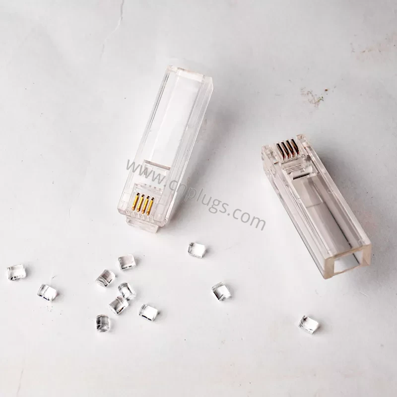Erweiterter 6P4C RJ11-Telefonstecker | Langes Gehäuse, goldene 3-Stift-Kontakte 4 Four transparent 6P4C long-body RJ11 modular plugs OEM catalog layout