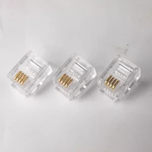 Two clear 6P4C gold modular telephone plugs angled product shot for OEM catalog