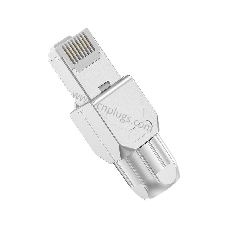 Werkzeuglos geschirmter Cat6A-RJ45-Stecker, Feldabschluss aus Zinklegierung für FTP/STP 10G 3 Nickel-plated zinc alloy STP housing and earth clamp on tool-free Cat6A modular plug