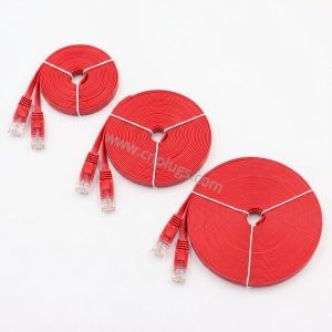Red flat Cat6 Ethernet patch cords in multiple lengths coiled flat, showing 1m 5m 15m and 50m variants with red RJ45 boots and white twist ties
