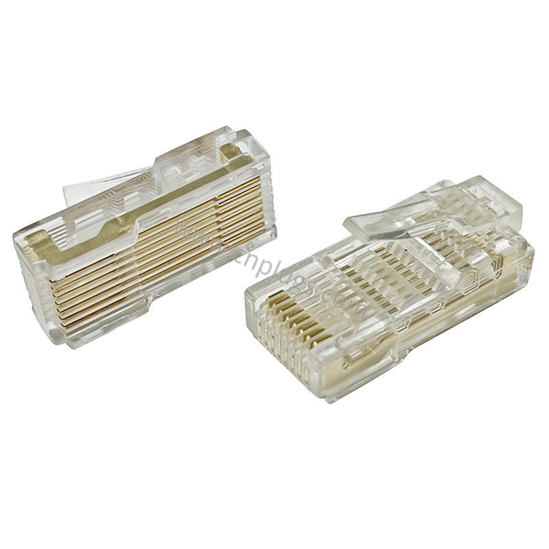 Cabeça de cristal RJ45 8P8C 26mm, plugue macho transparente para painel de operação do inversor (100 unidades/caixa) 3 Gold-plated 8P8C contacts visible through clear polycarbonate inverter RJ45 plug