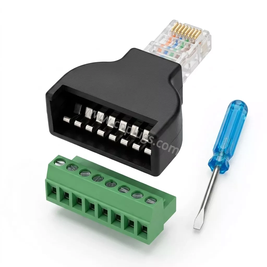 Hersteller von RJ45-Stecker auf 8-poligen Schraubklemmenadapter 4 Front rear and top views of RJ45 male screw terminal adapter for custom pin breakout
