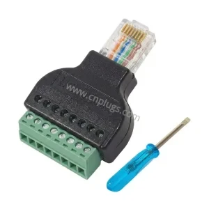 RJ45 male to 8-pin screw terminal adapter with removable green terminal block and screwdriver