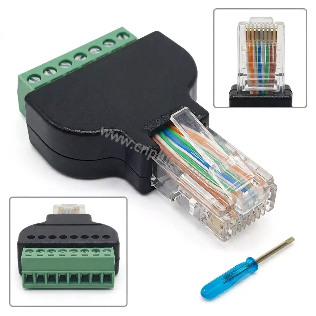 Hersteller von RJ45-Stecker auf 8-poligen Schraubklemmenadapter 2 Exploded RJ45 8P8C screw terminal breakout adapter with removable 8-way connector block