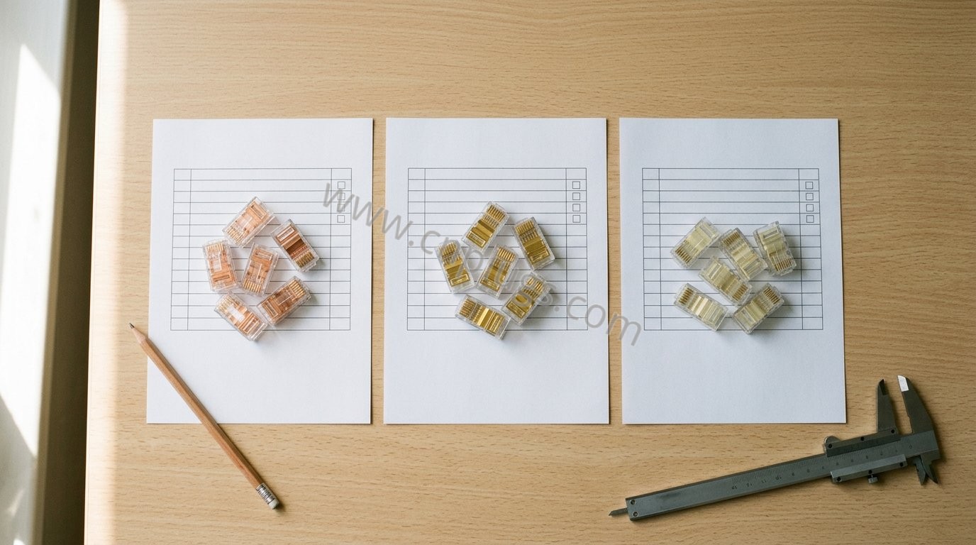 Choosing an RJ45 Connector Supplier: 20 Questions to Ask Before Your First PO 1 RJ45 sample plugs from different suppliers grouped on blank evaluation forms with calipers