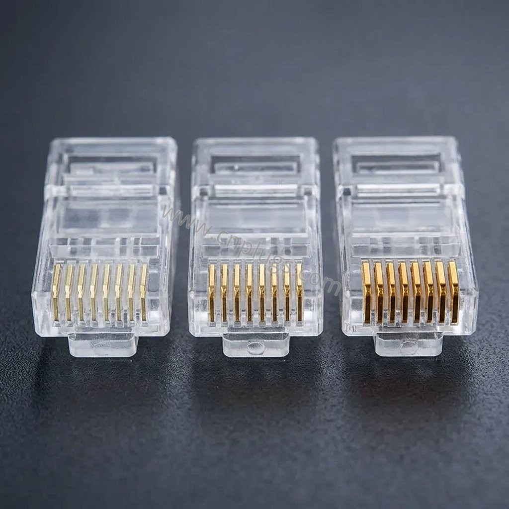 Choosing an RJ45 Connector Supplier: 20 Questions to Ask Before Your First PO 1 Three RJ45 plugs side by side showing increasing gold plating thickness on the contacts